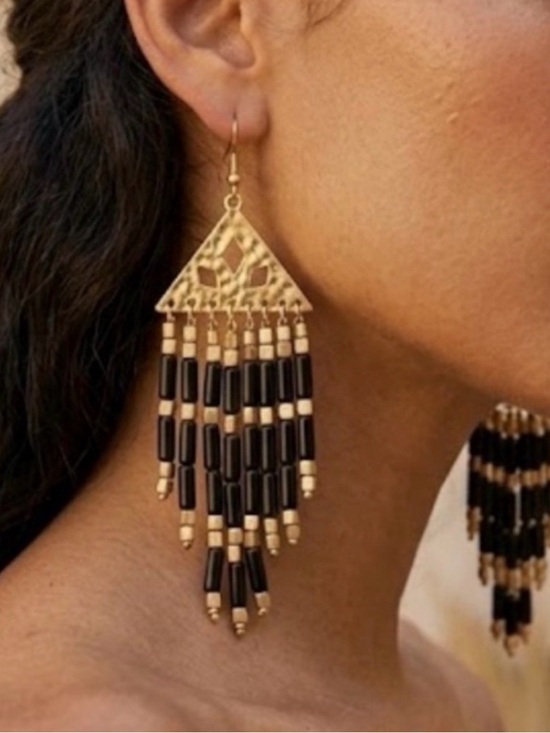 Plunder Jewelry - Matte Gold-Tone Black Beaded Fringe Drop Earrings - Women Jewelry